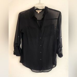 Sheer Black Top - Button Down - Three-Quarter Length Sleeve